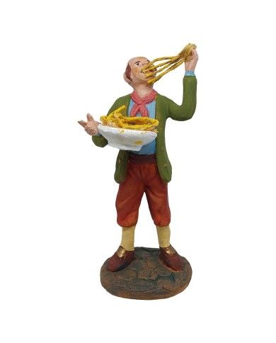 Statuina Uomo che mangia spaghetti 12 cm di terracotta per presepe