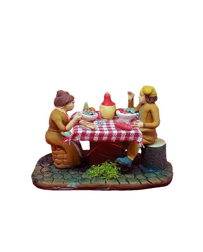 Statuina Coppia che mangia al tavolo 10 cm di terracotta per presepe