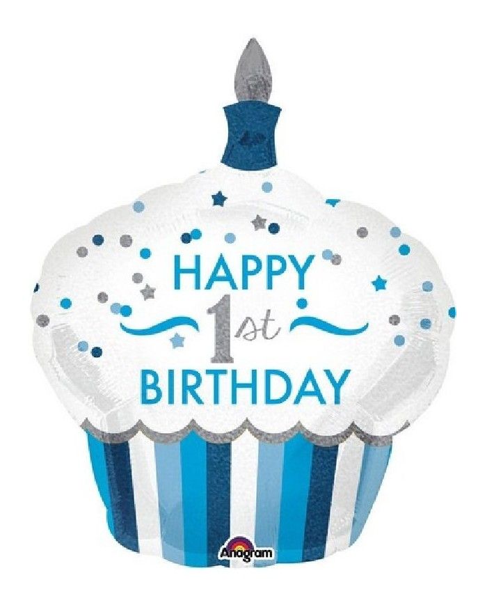 Palloncino Supershape Buon compleanno 1 anno Cupcake celeste 91cm